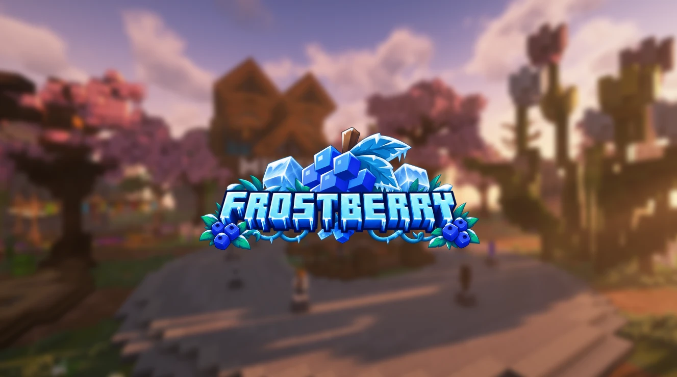 Frostberry logo over a blurred view of the game's village spawn at sunset